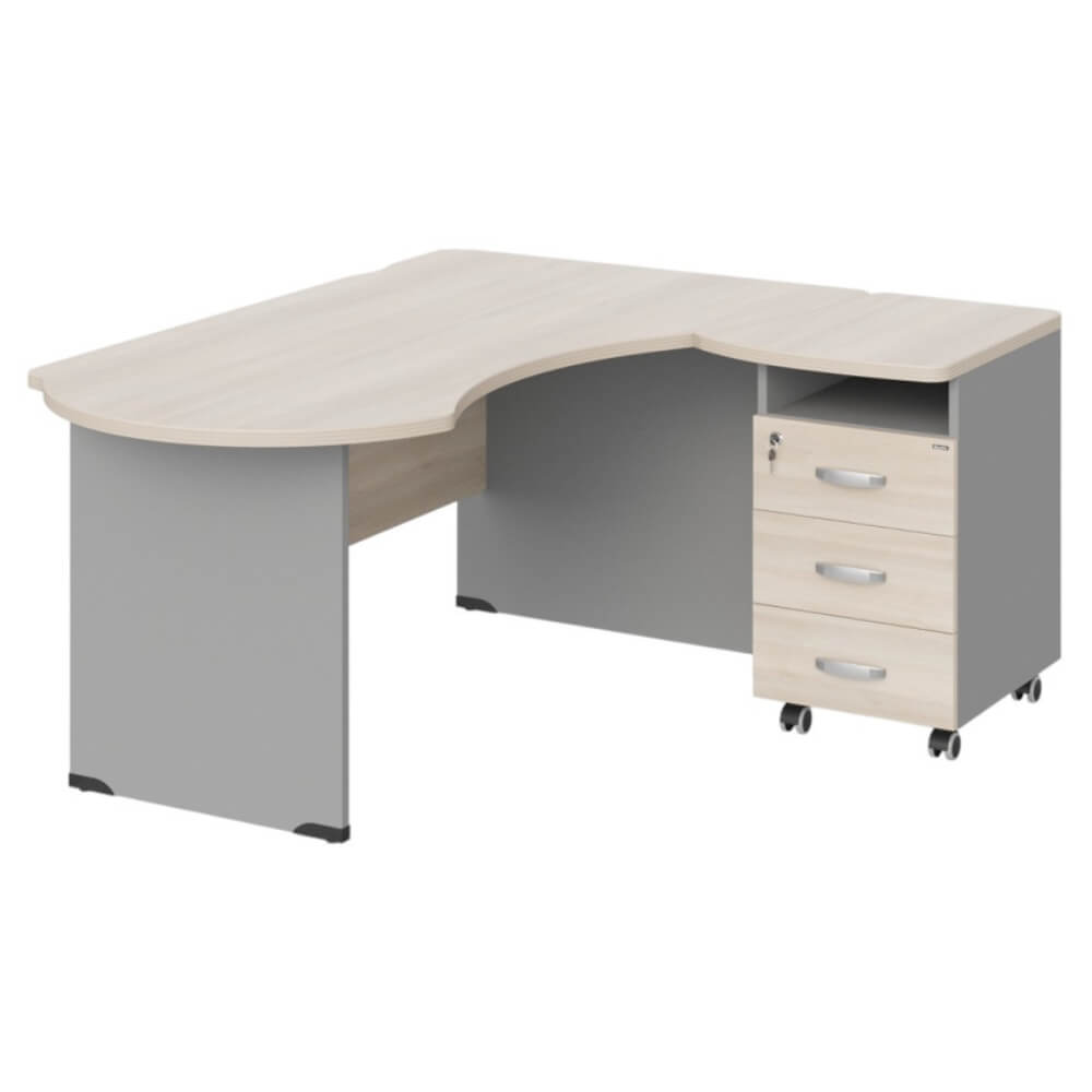 Рабочее место эргономичное с тумбой правое 160х140х74 (Акация/Серый, Габариты: 1600x1400x740.)