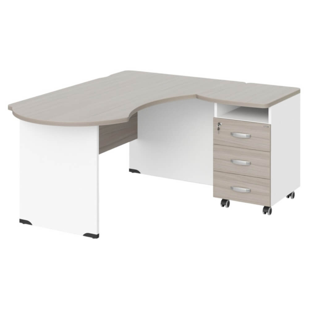 Рабочее место эргономичное с тумбой правое 160х140х74 (Дрифтвуд/Белый, Габариты: 1600x1400x740.)