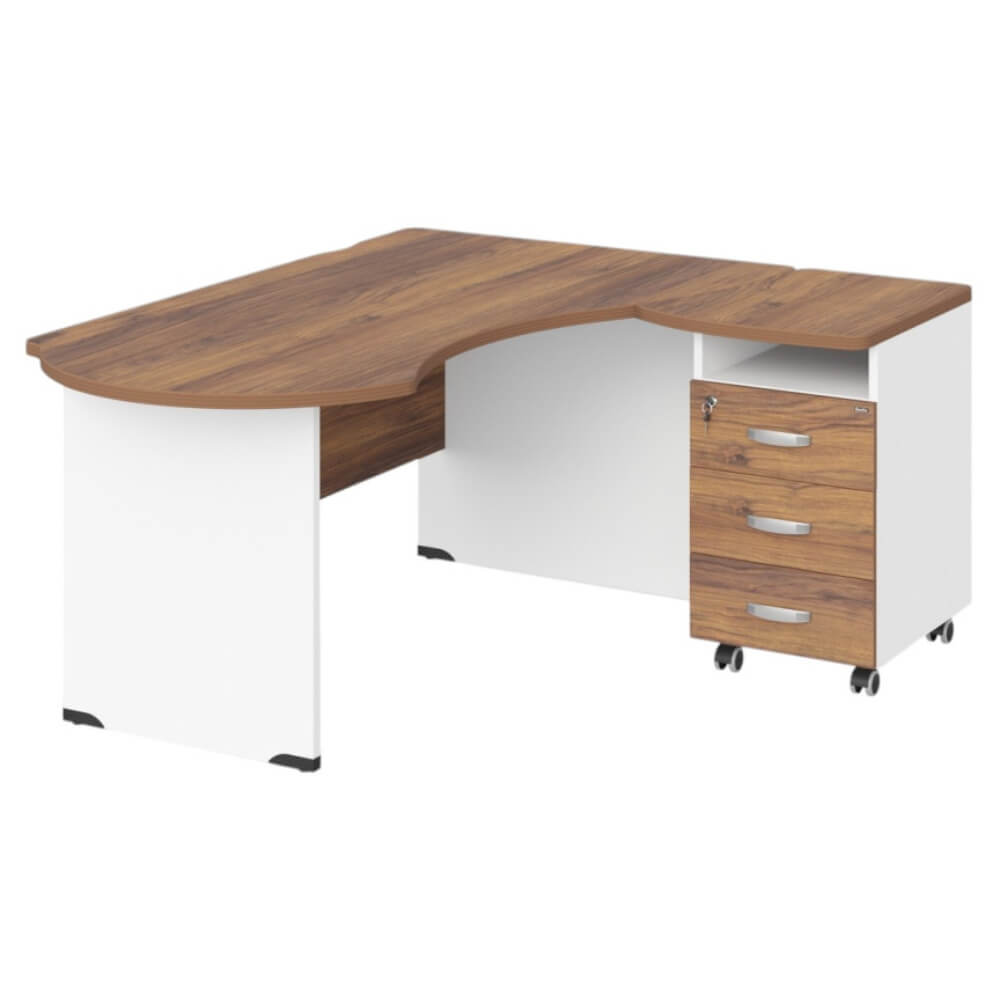 Рабочее место эргономичное с тумбой правое 160х140х74 (Орех Вармия/Белый, Габариты: 1600x1400x740.)