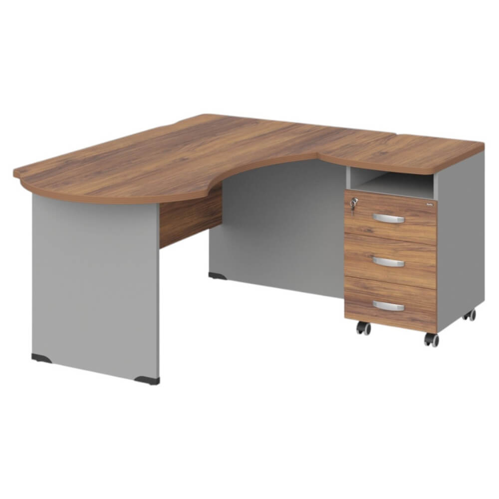 Рабочее место эргономичное с тумбой правое 160х140х74 (Орех Вармия/Серый, Габариты: 1600x1400x740.)