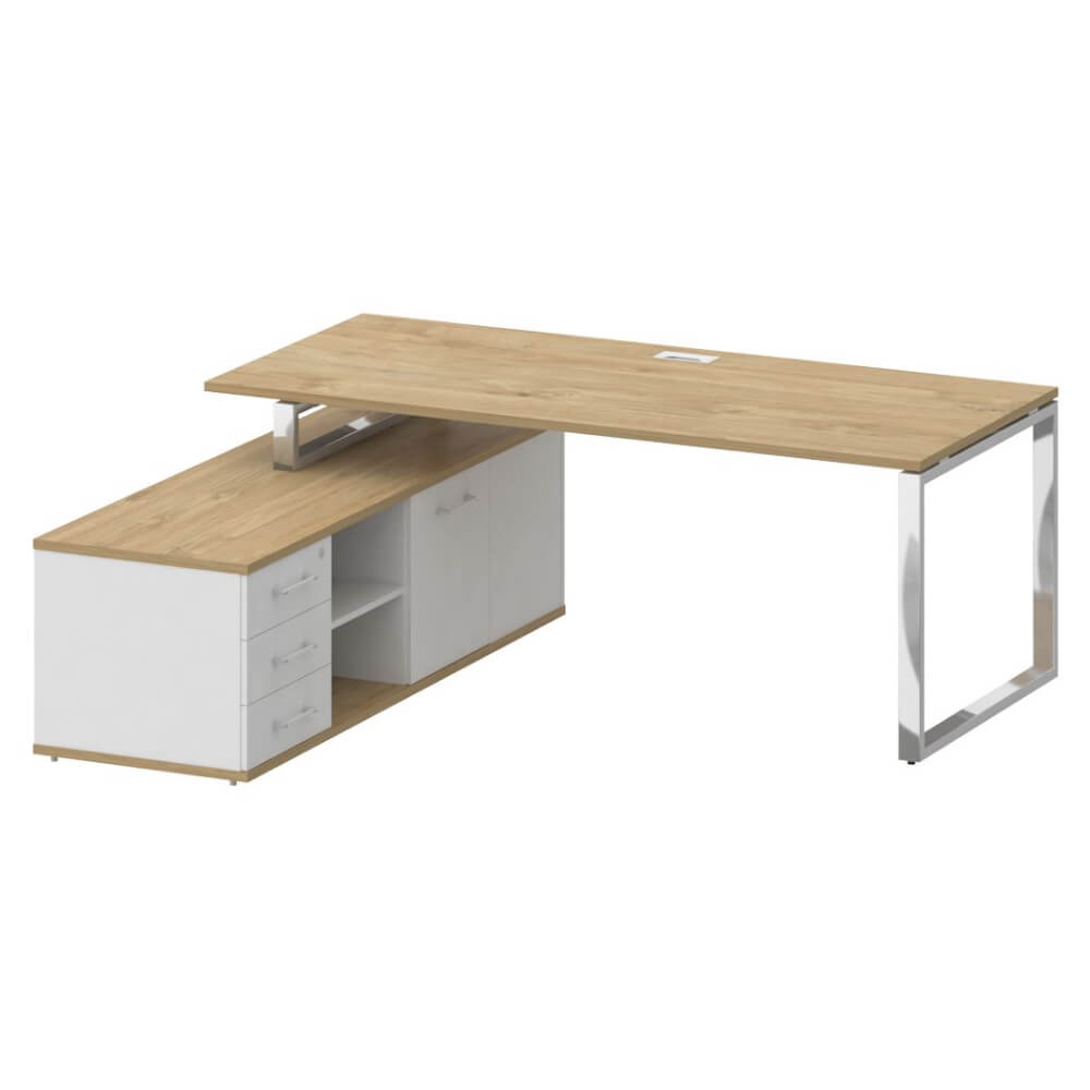 Стол руководителя с опорной греденцией, левый 2000x1800x753 (Тиквуд Светлый/Белый Бриллиант, 2000x1800x753)