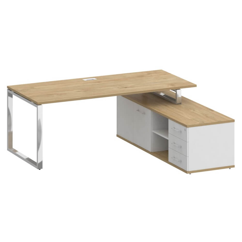 Стол руководителя с опорной греденцией, правый 2000x1800x753 (Тиквуд Светлый/Белый Бриллиант, 2000x1800x753)