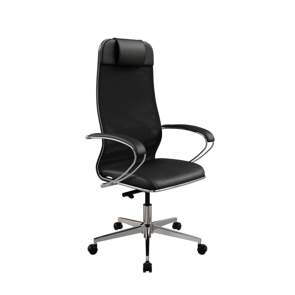 Кресло ErgoLife Comfort 710x700x118,9-133,4 (Чёрный, 71x70x118,9-133,4 сетка/кожа, хром прямоугольная.)