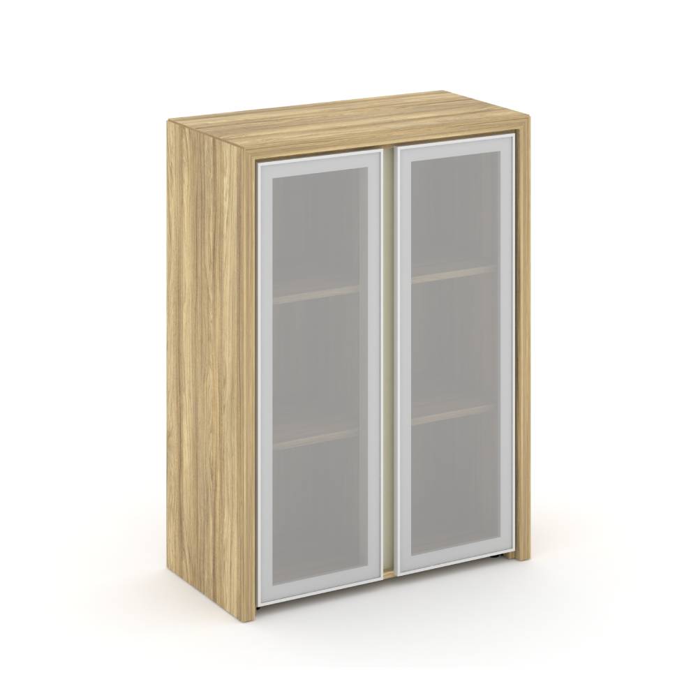 Шкаф-витрина средний (стекло сатин в раме) 900x450x1231 (Гикори Песочный/Ваниль, 900x450x1231)