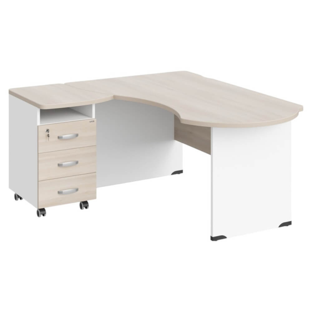 Рабочее место эргономичное с тумбой левое 160х140х74 (Акация/Белый, Габариты: 1600x1400x740.)