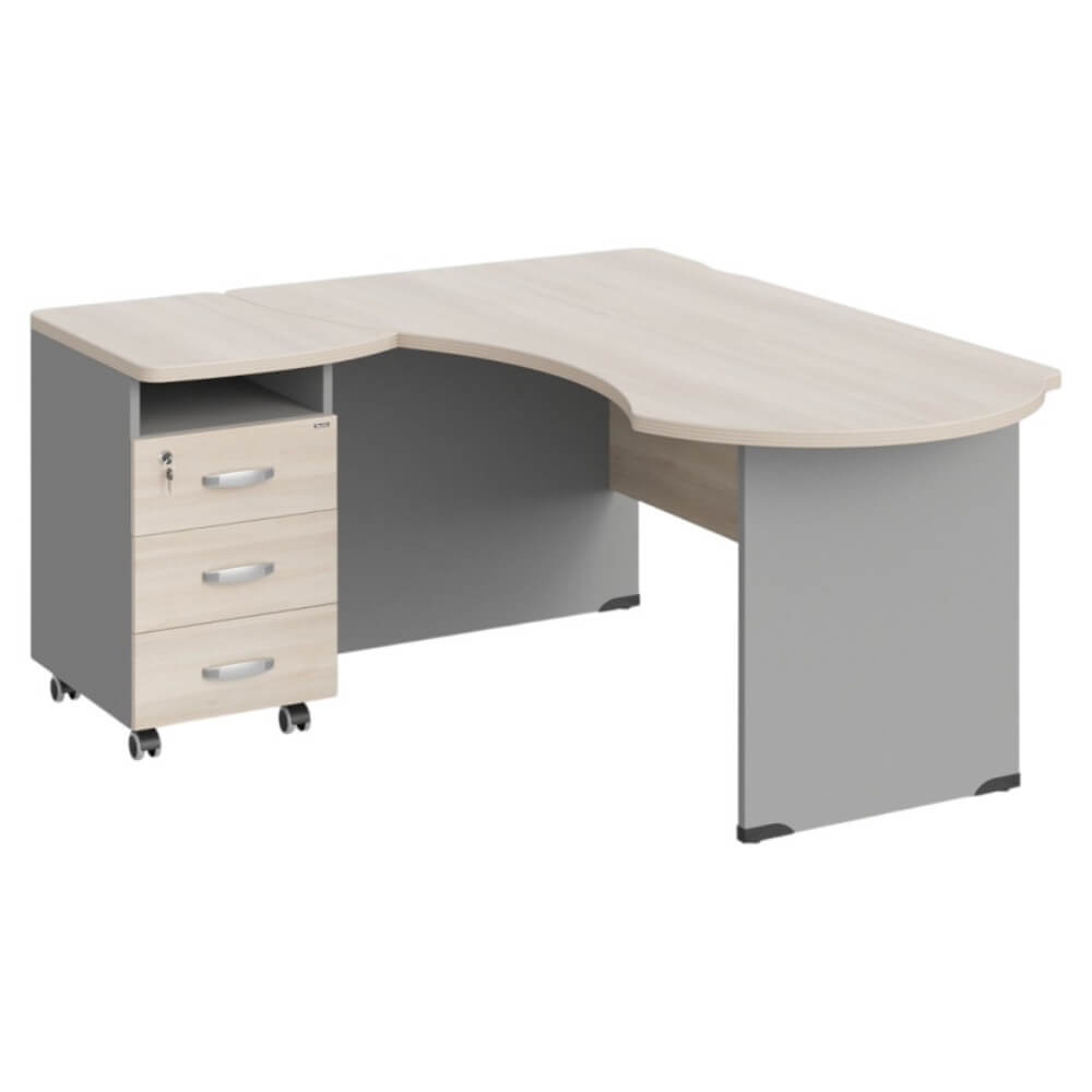 Рабочее место эргономичное с тумбой левое 160х140х74 (Акация/Серый, Габариты: 1600x1400x740.)