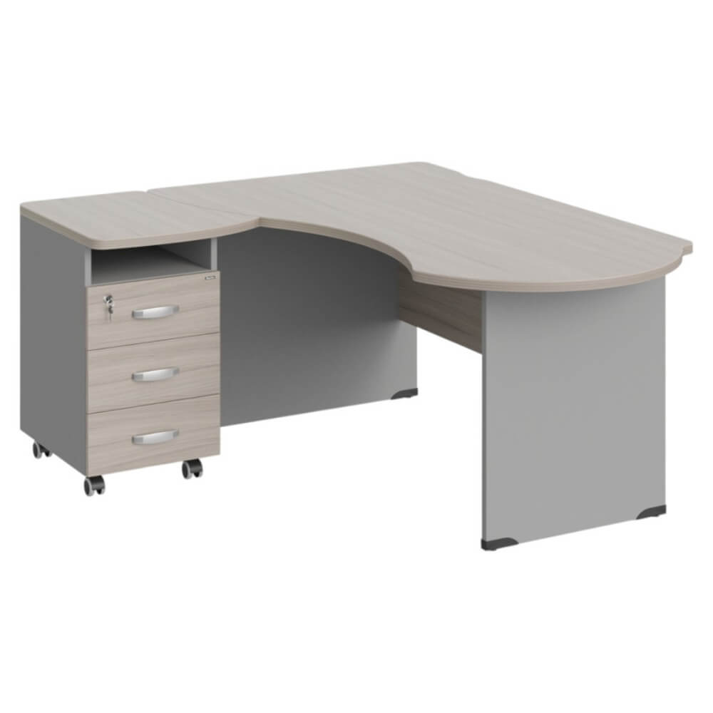 Рабочее место эргономичное с тумбой левое 160х140х74 (Дрифтвуд/Серый, Габариты: 1600x1400x740.)