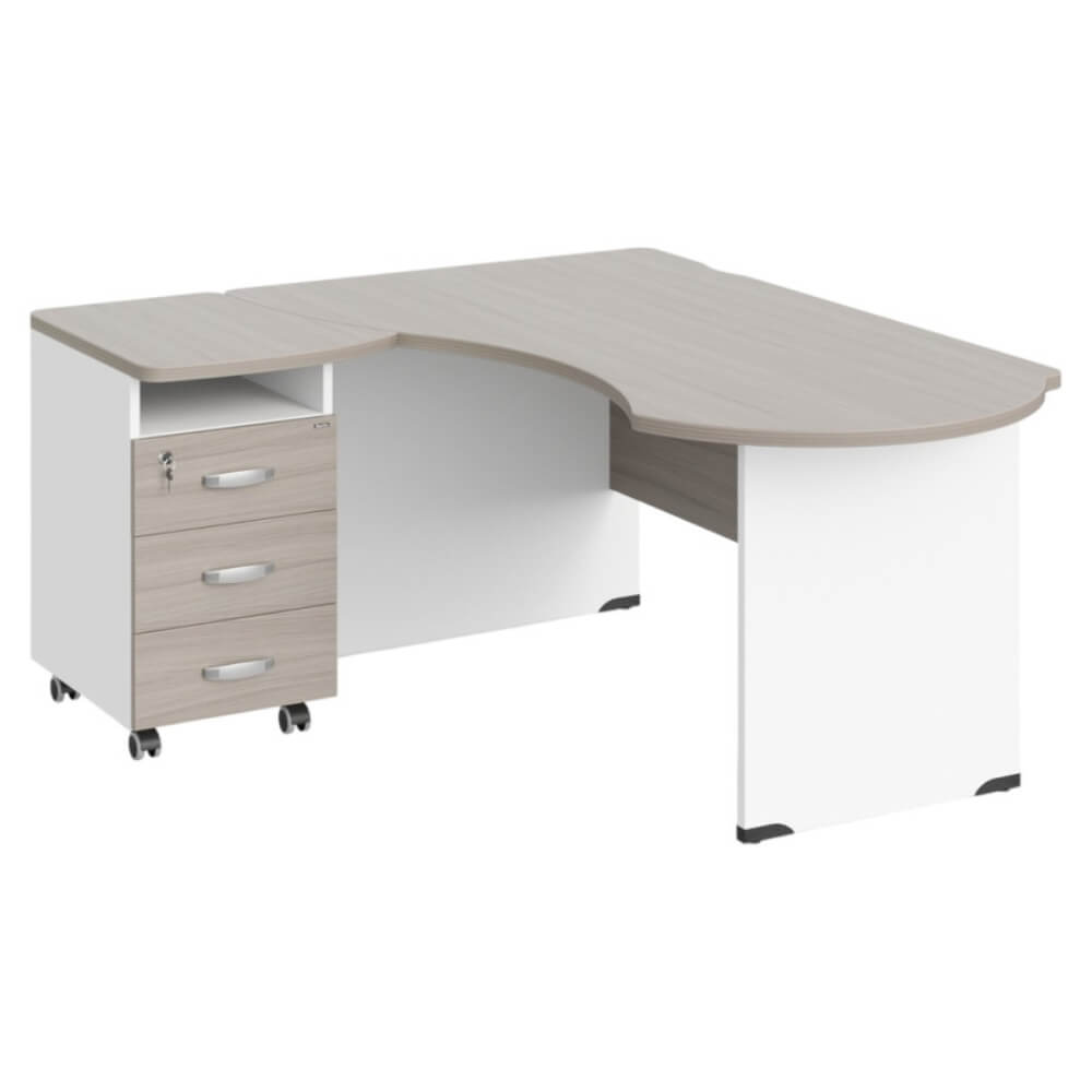 Рабочее место эргономичное с тумбой левое 160х140х74 (Дрифтвуд/Белый, Габариты: 1600x1400x740.)