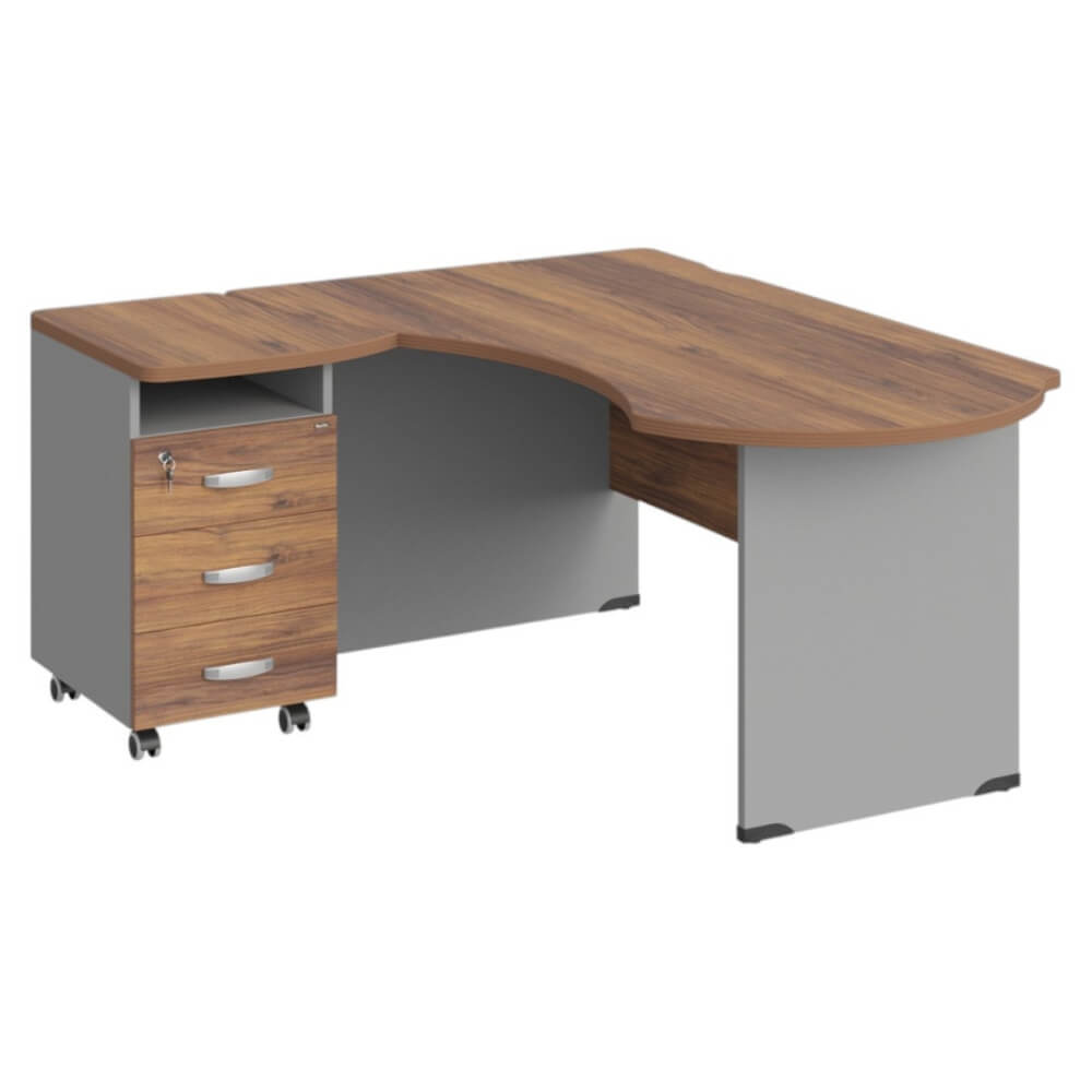 Рабочее место эргономичное с тумбой левое 160х140х74 (Орех Вармия/Серый, Габариты: 1600x1400x740.)