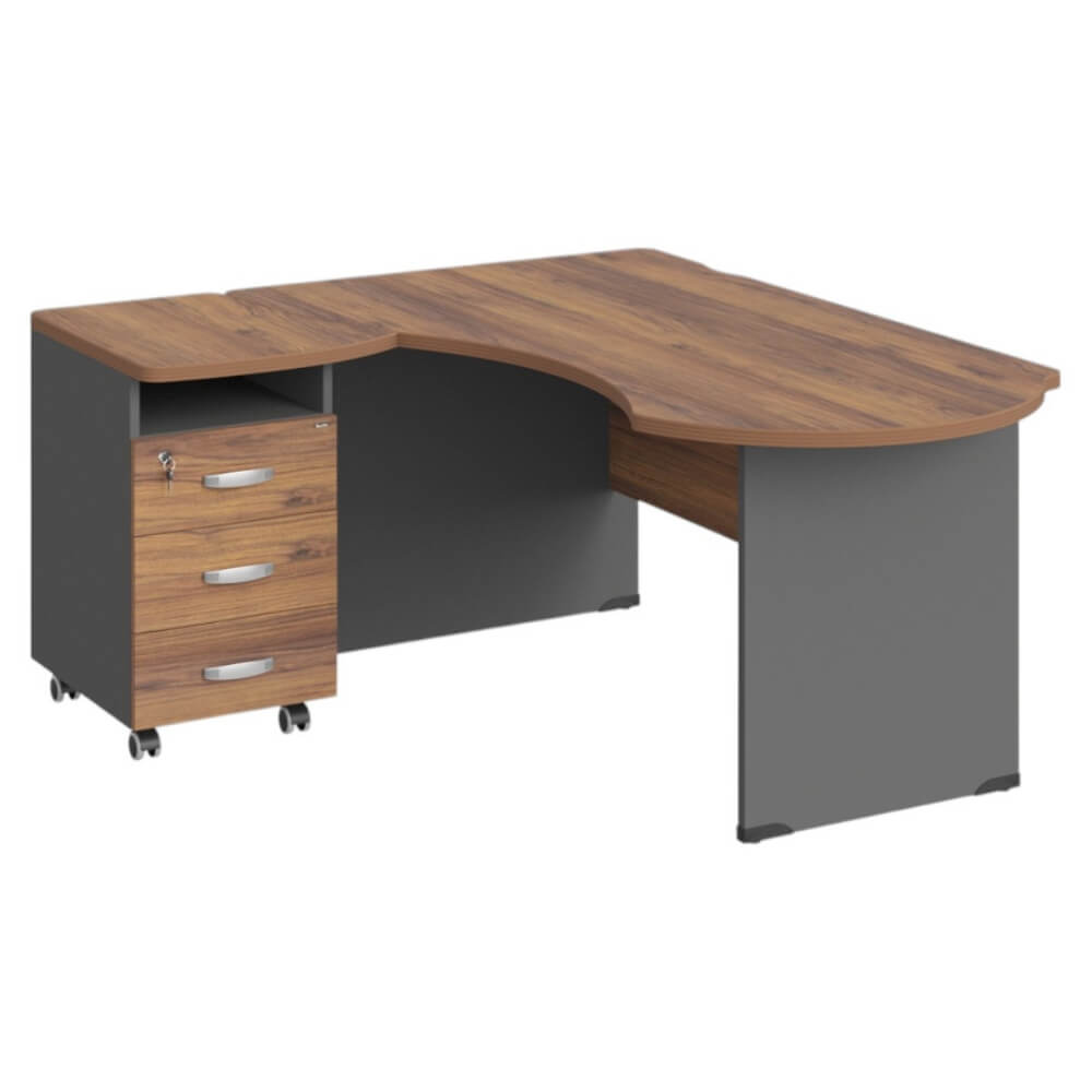 Рабочее место эргономичное с тумбой левое 160х140х74 (Орех Вармия/Серый Базальт, Габариты: 1600x1400x740.)